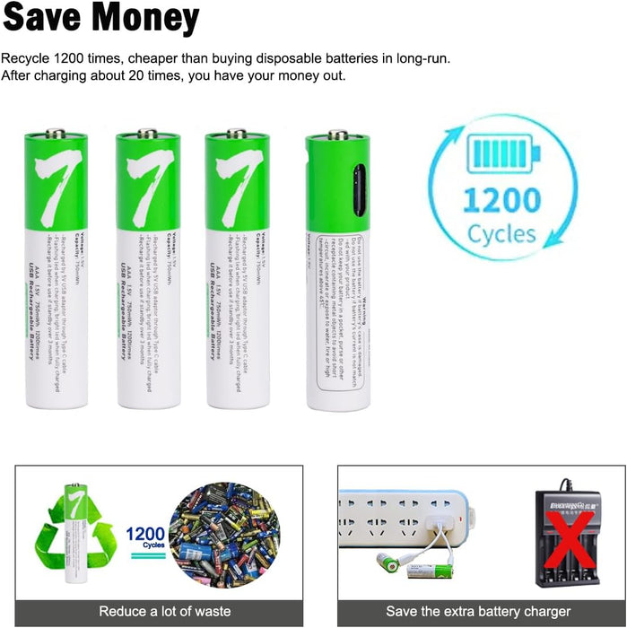 [1 Pack] USB AAA Lithium ion Rechargeable Battery, 1.5V 750mWh Rechargeable AAA Battery - Battery Mate