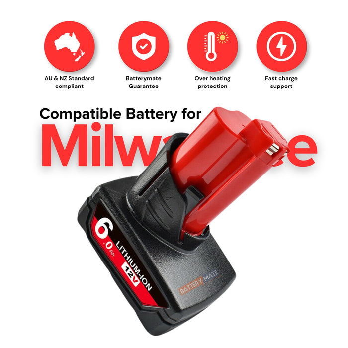 [2 Pack] Milwaukee M12 12V Compatible Battery | 6.0Ah High Capacity - Battery Mate