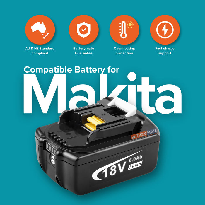 2x Replacement Battery + Charger Combo Compatible with Makita 18V Cordless Power Tools - Battery Mate