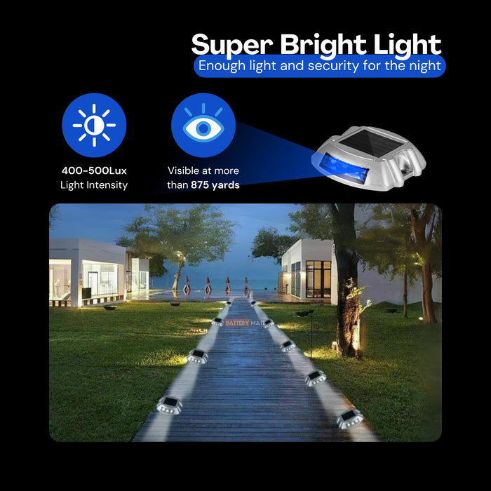 [4 Pack] Solar Deck Lights Blue Color Waterproof 6 LED Driveway Safety Light for Pathway - Battery Mate