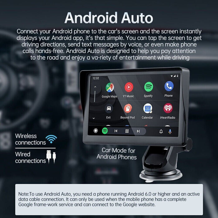 7" Portable Wireless Apple Carplay Android Auto Car Stereo Radio Bluetooth + CAM - Battery Mate