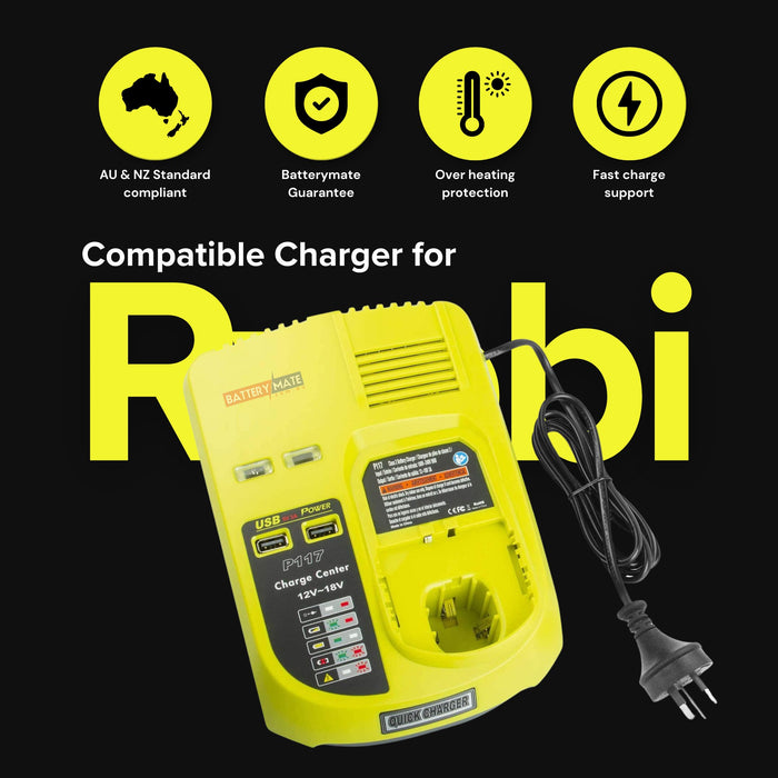 Ryobi One Plus 18v Charger Replacement | 18V - 12V Dual Chemistry IntelliPort P117 Compatible - Battery Mate