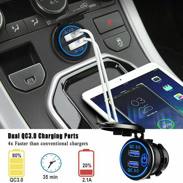 12V Car Cigarette Lighter Socket Dual QC3.0 USB Ports Fast Charger Power Adapter - Battery Mate