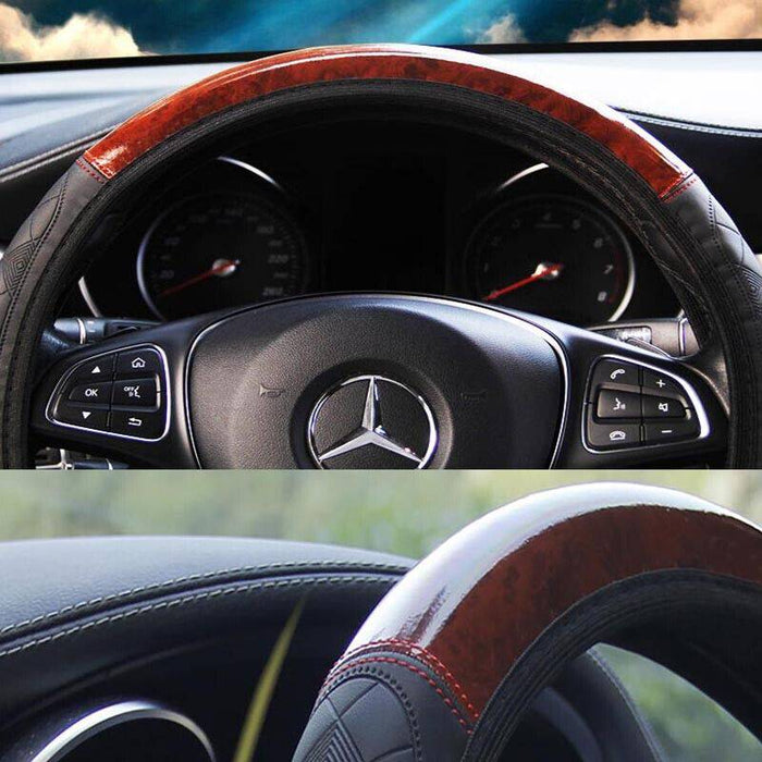 Car Steering Wheel Cover Mahogany Wood Pattern PU Leather Steering wheel CoverAU - Battery Mate