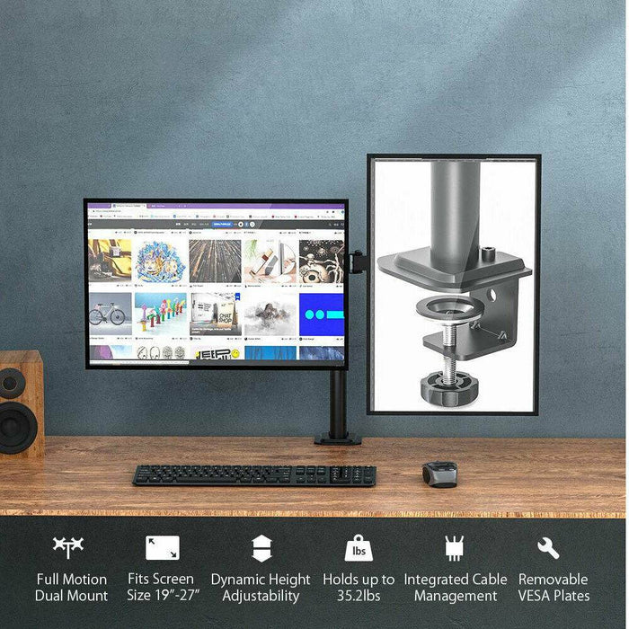 Dual LCD / LED Monitor Desk Mount Stand Heavy Duty Fully Adjustable fits 2 Screens up to 27" - Battery Mate