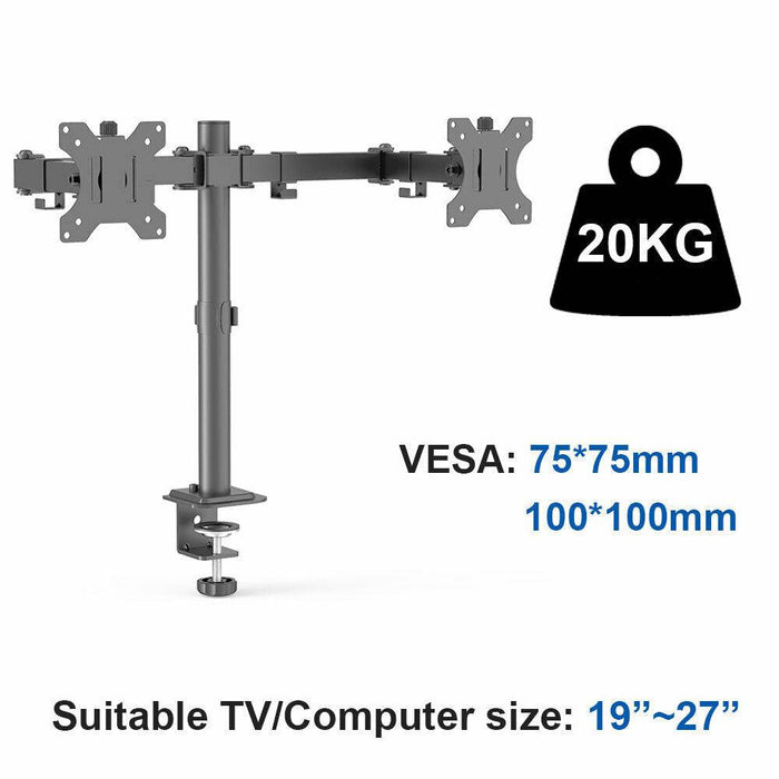 Dual LCD / LED Monitor Desk Mount Stand Heavy Duty Fully Adjustable fits 2 Screens up to 27" - Battery Mate