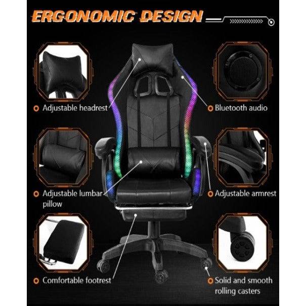 Ergonomic Massage LED Racing Chair , Reclining Swivel Heavy High Back Office PC Chair w/ Built-in Speaker-Black - Battery Mate