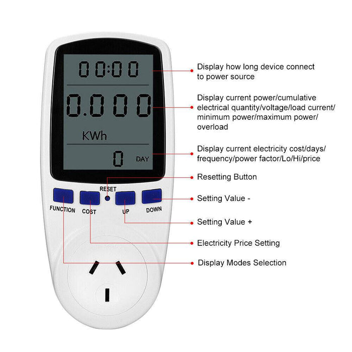 Power Energy Consumption Watt Meter Electricity Usage Monitor Equipment 240V - Battery Mate