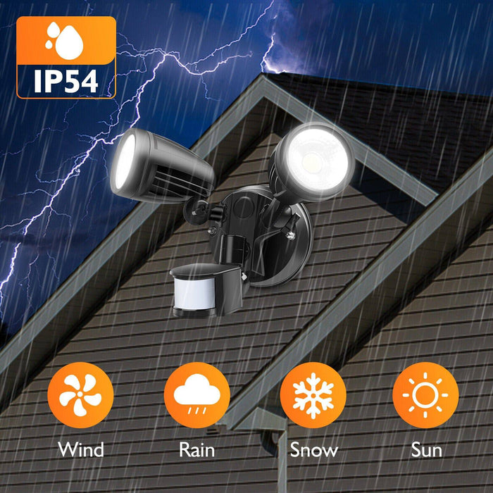 Sensor LED Premium Aluminium Outdoor Garage Security Flood Twin Spotlight IP54 | White - Battery Mate